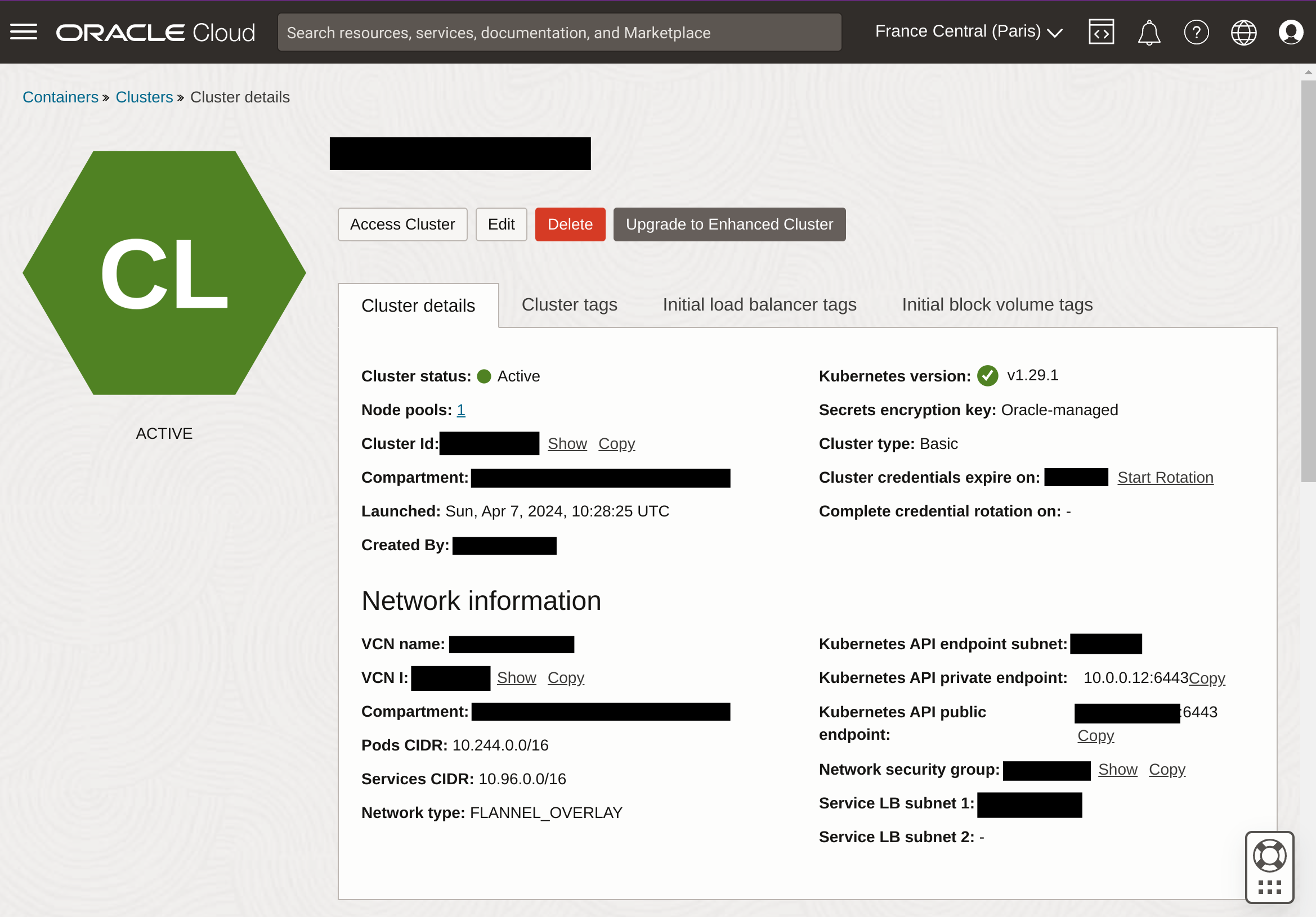 Capture d'écran de l'interface d'Oracle Cloud Infrastructure qui montre le cluster créé, dont l'état est « Actif ».